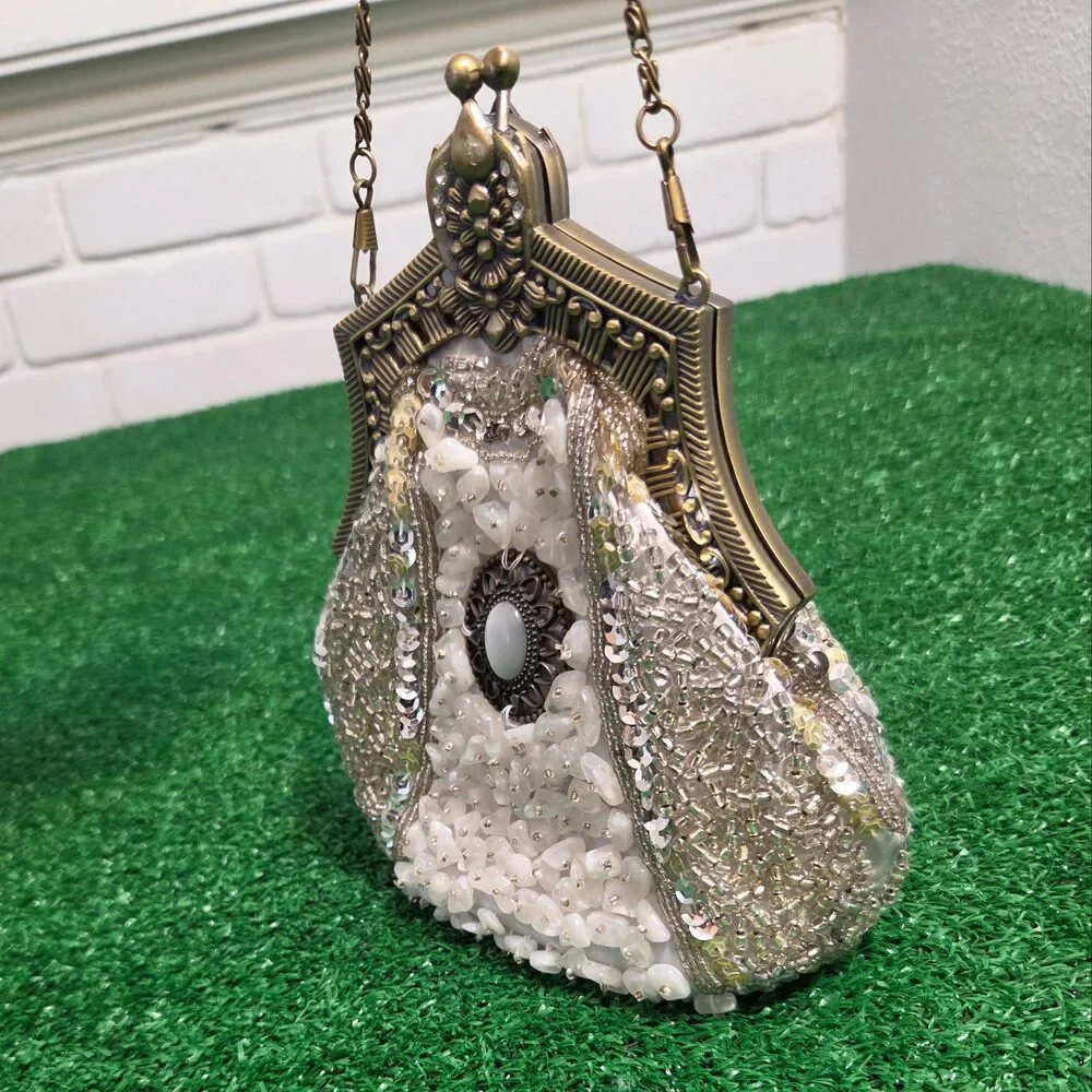 Vintage Beaded Sequined Evening Clutch Bag Antique Gold Tone Frame White Shell